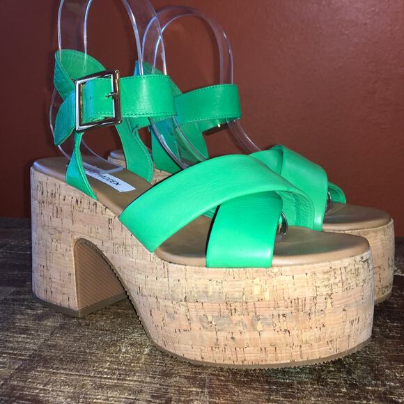 Steve Madden Palmer Platform Sandal Womens 11 Bright Green Cork Chunky Retro 70s - Picture 2 of 10
